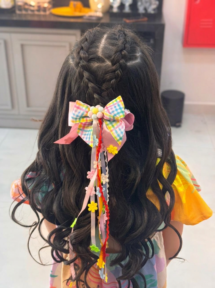 Penteado infantil com tranças e laço
